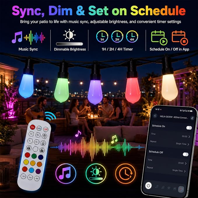 50FT Outdoor String Lights, 20 RGBW Patio Lights, App & Remote | 20 ST48 milk white bulbs with RGBW color changing light, timer and music sync for patio, porch, balcony, backyard decor