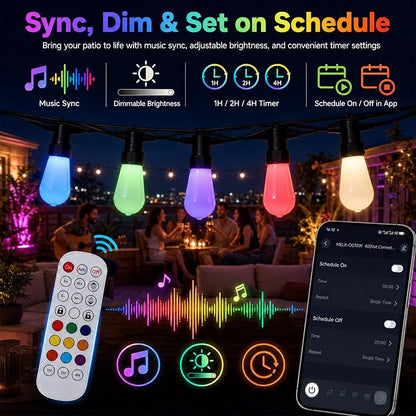 100FT Outdoor String Lights, 2x50FT RGBW Patio Lights, App & Remote | 2x50FT connected design with 40 ST48 milk white bulbs, RGBW color changing light, timer and music sync for large patio decor