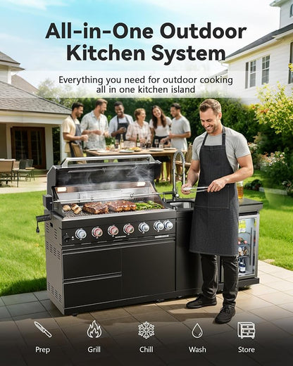 82" Natural Gas Outdoor Kitchen Island with Grill, 6-Burner 85,000 BTU BBQ Island, 304 Stainless Steel, Refrigerator, Sink & Rotisserie, Black