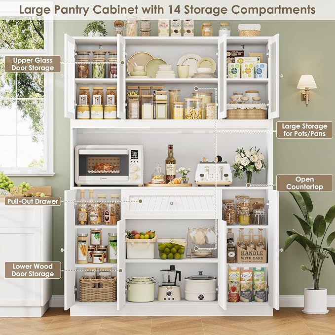 BOTLOG 72" Tall Kitchen Pantry Cabinet 15.7" D x 55.1" W x 72" H | Large Kitchen Hutch with Microwave Countertop, Coffee Bar Station with Drawer & Doors for Dining Room