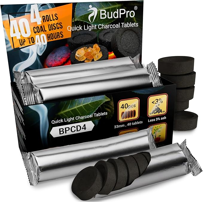 Quick Light Charcoal Tablets 33mm – 40 Tablets (4 Rolls) Fast Lighting Charcoal Discs for Incense, Resin, Frankincense & Bakhoor