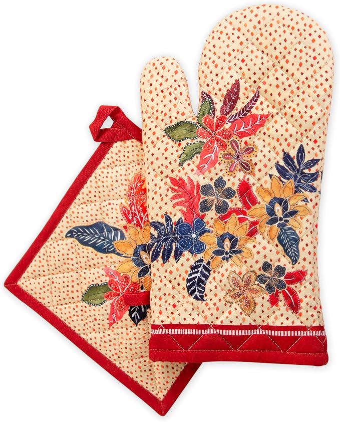 Maison d' Hermine 100% Cotton Oven Mitt & Pot Holder Set (7.5"x13" & 8"x8") | Heat Resistant BBQ Cooking Gloves with Loop Baking Grilling Kitchen Hotel Home Farmhouse Thanksgiving Christmas - Kalahari