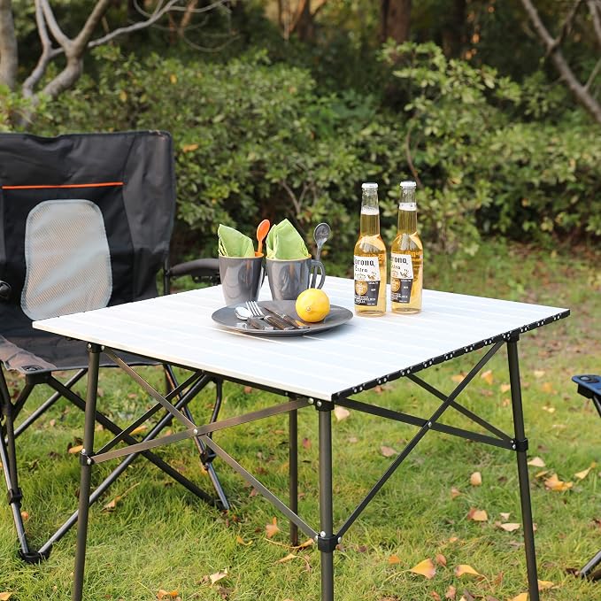 Portal Lightweight Aluminum Folding Square Table Roll Up Top 4 People Table | Portable Outdoor Design; Durable Construction; Easy Setup & Storage;Color: White