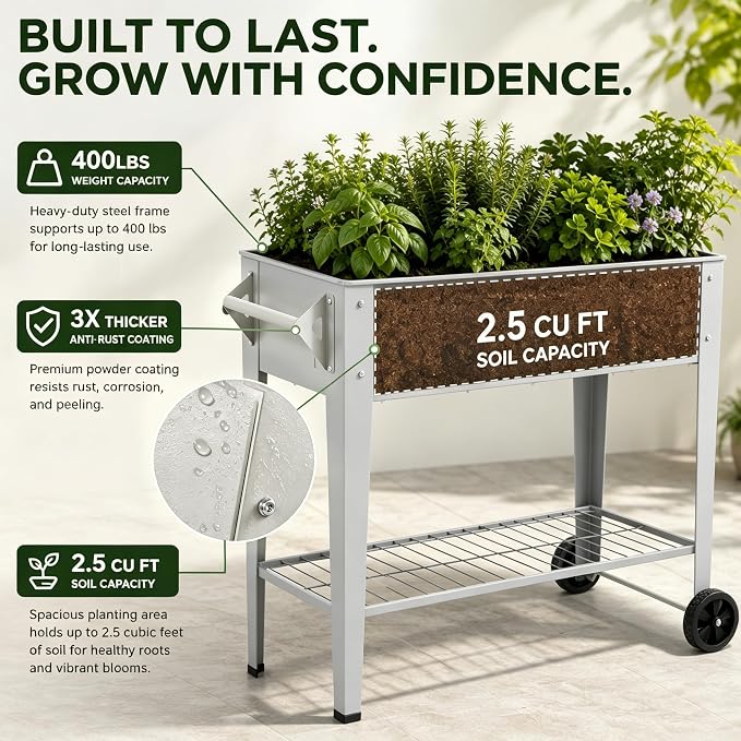 LEETOLLA 𝐑𝐚𝐢𝐬𝐞𝐝 𝐆𝐚𝐫𝐝𝐞𝐧 𝐁𝐞𝐝 𝐎𝐮𝐭𝐝𝐨𝐨𝐫 Elevate Herb Garden Planter Box Outdoor Raised Planter Box with Legs On Wheels for Vegetables Flower Tomato Patio Backyard