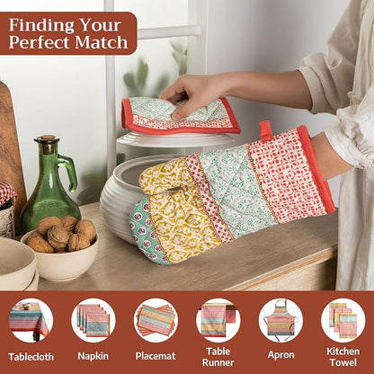Maison d' Hermine 100% Cotton Oven Mitt & Pot Holder Set (7.5"x13" & 8"x8") | Heat Resistant BBQ Cooking Gloves with Loop Baking Grilling Kitchen Hotel Home Farmhouse Spring Summer - Provence