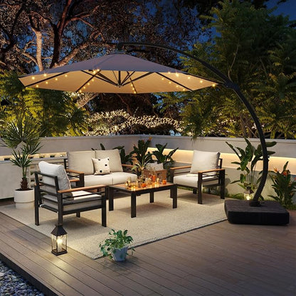 Aoxun Aluminum Patio Furniture Set with Umbrella 4 Seats, Oversized Outdoor Sectional with Washable Thick Cushions, Coffee Table, Patio Conversation Sets for Porch, Balcony, Deck