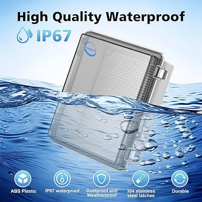 RTHIEAI Waterproof Outdoor IP67 Junction Box (8.7"x6.7"x4.3") with Mounting Plate, Hinged Clear Cover and Wall Brackets - Weatherproof ABS Plastic Electrical Enclosure for DIY Projects (220x170x110mm)