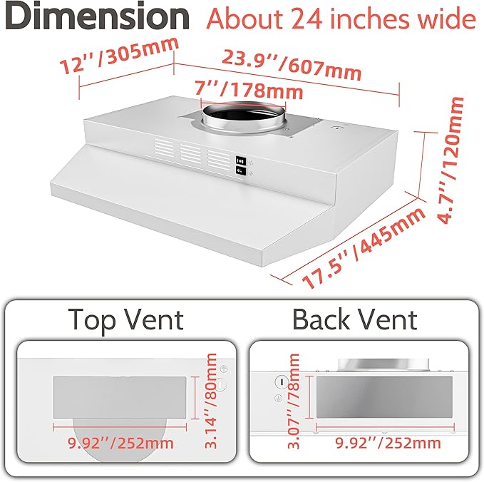 FIREGAS 24 inch Range Hood, 300CFM Ducted/Ductless Convertible Under Cabinet Range Hood in White Painted Stainless Steel with 2 watt LED Light and Filter, 2 fan speeds,hassle-free installation