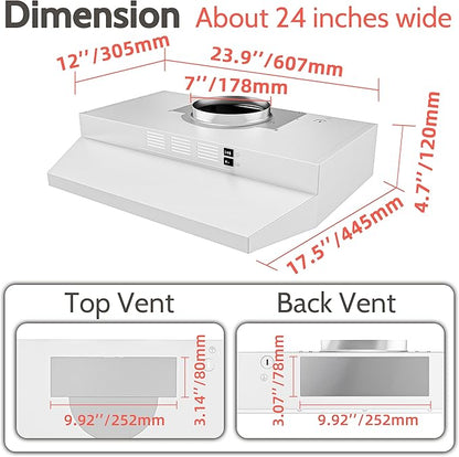 FIREGAS 24 inch Range Hood, 300CFM Ducted/Ductless Convertible Under Cabinet Range Hood in White Painted Stainless Steel with 2 watt LED Light and Filter, 2 fan speeds,hassle-free installation