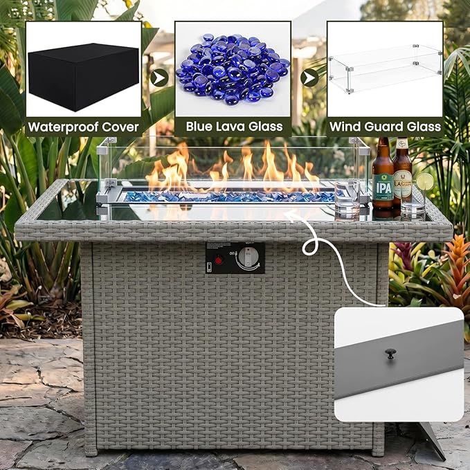 Propane Fire Pit Table, 44" Outdoor Gas Fire Pit with Glass Wind Guard & Waterproof Cover