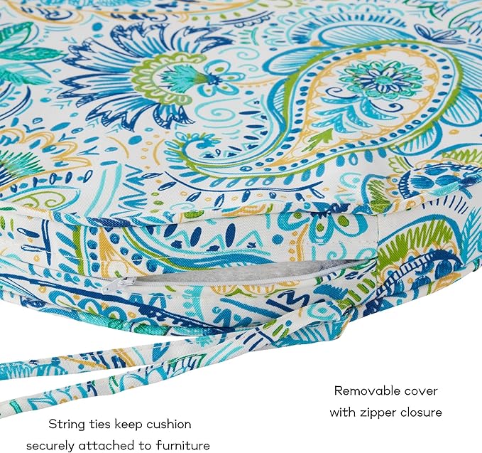 Set of 2 Outdoor 18 inch Round Patio Dining Chair Pads – Comfortable Fiber-Filled Seat Cushions with Ties, Reversible Polyester Fabric - Baltic Paisley