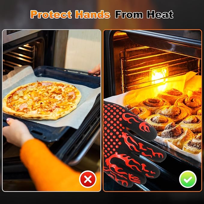 M METERXITY 1-Pair BBQ Gloves, 1472°F Heat Resistant Non-Slip Grilling Oven Gloves for Barbecue/Baking/Cooking, with Storage Bag [Flame Pattern L, Red]