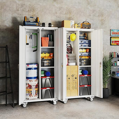DUMOS 72 Inch Garage Storage Cabinet, Tool Organizer, Lockable File Cabinet | Tall Rolling Metal Steel Frame Storage with Lockable Wheels and Adjustable Shelves, Fits Home Office Warehouse, White