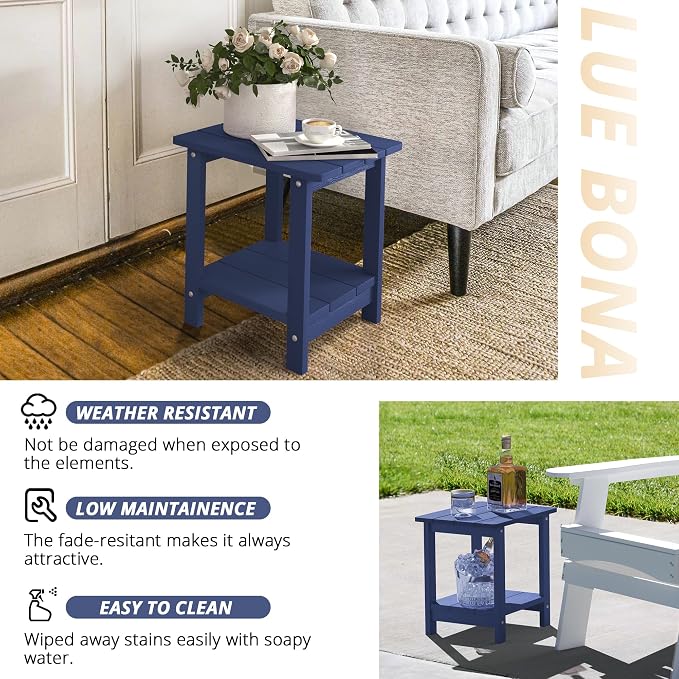 LUE BONA Outdoor Side Table, 2-Tier HDPS Small Patio Table, Navy | 2-Tier Shelf for Extra Storage, Small End Table for Pool, Porch, Balcony, Weather Resistant HDPS, Easy Clean