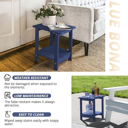 LUE BONA Outdoor Side Table, 2-Tier HDPS Small Patio Table, Navy | 2-Tier Shelf for Extra Storage, Small End Table for Pool, Porch, Balcony, Weather Resistant HDPS, Easy Clean