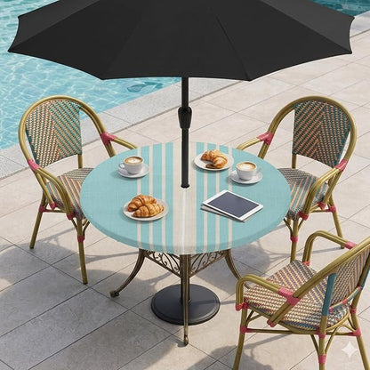 Outdoor Fitted Tablecloth with Umbrella Hole and Zipper, Lake Blue Beige Striped Elastic Round Patio Table Cover, Farmhouse Retro Lines Modern Table Protector for Backyard BBQ Party 31''-35''