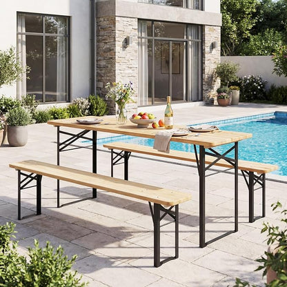 GIANTEX 70 Inch Folding Picnic Tables with Benches Set, Solid Wood Camping Beer Table Bench Set with Metal Frame, 3-Piece Portable Patio Dining Furniture, Indoor & Outdoor Folding Table and Chairs