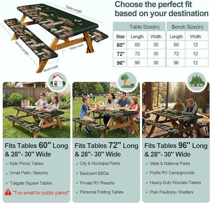 Picnic Table Cover with Bench Covers Camping Essentials Waterproof Windproof Camping Tablecloth with Drawstring Bag, Fitted Rectangle Tables and Seats, 72in, Dark Green Mushroom