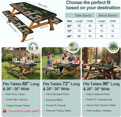Picnic Table Cover with Bench Covers Camping Essentials Waterproof Windproof Camping Tablecloth with Drawstring Bag, Fitted Rectangle Tables and Seats, 72in, Dark Green Mushroom