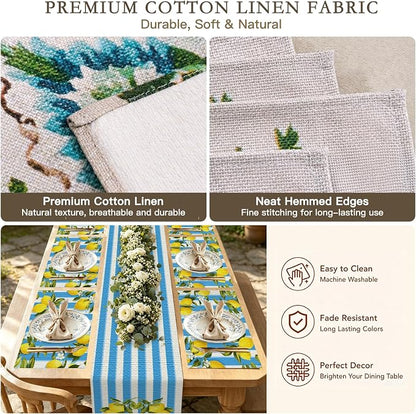 Nuxovilar Tablerunner and Placemats Set of 7 Blue-White Stripe Lemon Decor Linen Square Placemats for Dining Dining Sets and Accessories Summer Picnic, Outdoor BBQ, Breakfast Table