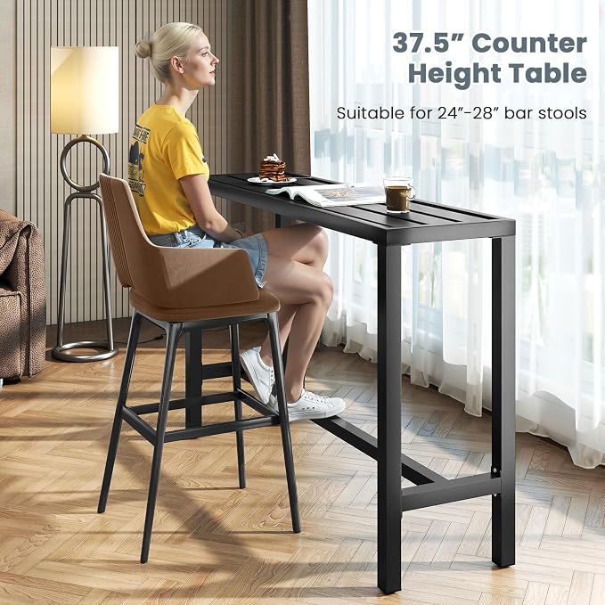 GIANTEX Outdoor Rectangle Bar Table with Counter Height, Slatted Top & Footrest, Heavy-Duty Metal Frame, 400Lbs Capacity, High Pub Table for Patio, Deck, Yard, Hot Tub, Balcony, Black (55")