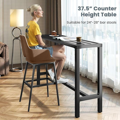 GIANTEX Outdoor Rectangle Bar Table with Counter Height, Slatted Top & Footrest, Heavy-Duty Metal Frame, 400Lbs Capacity, High Pub Table for Patio, Deck, Yard, Hot Tub, Balcony, Black (55")
