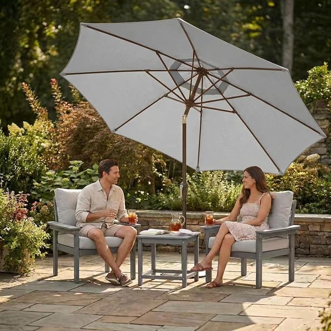 Kingdura 9FT Outdoor Patio Umbrella, Round Market Table Umbrella with Push‑Button Tilt and Crank Lift, 8 Sturdy Metal Ribs, UV50+ Protection Canopy for Backyard, Lawn, Deck, Poolside, Garden (Light grey)