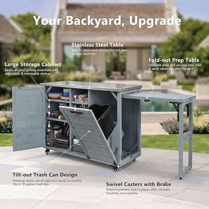 78.3" Outdoor Kitchen Island with Foldable Grill Table, Wooden Outdoor Grill Cart with Trash Can Storage & Stainless Steel Top, Outdoor Bar Cart, Pizza Oven Table for Lawn & Garden (Grey+Blue@76)