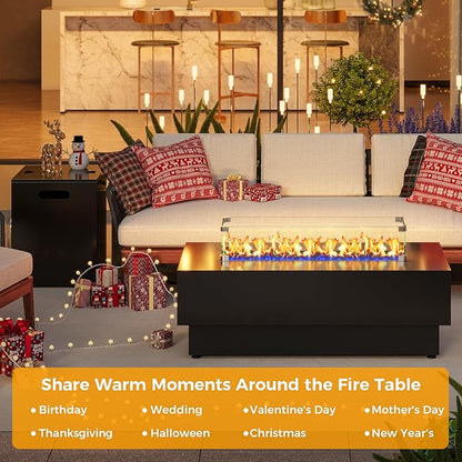 IRONCK 43-inch Outdoor Propane Fire Pit Table w Tank Table, CSA Certified, 2 in 1 Rectangular Patio Fire Pit w Glass Rocks, Wind Guard and Cover, 50000 BTU Outdoor Heater for Pool, Garden, Black