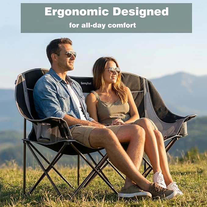SUNNYFEEL Double Camping Chair Oversized Loveseat for Adults | 600LBS Heavy Duty Padded Camping Couch with Cup Holder, Storage Pockets & Carry Bag for Patio RV/ Lawn/ Backyard