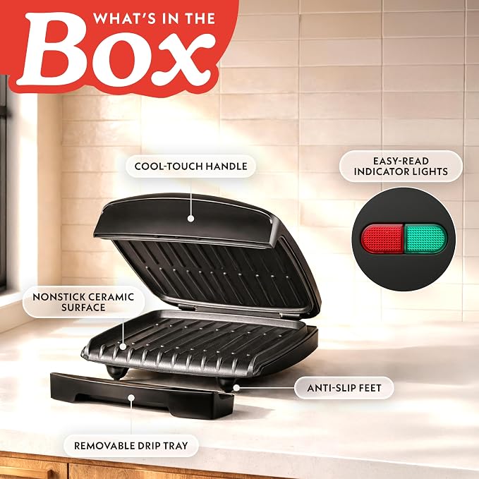 Gourmia Indoor Grill & Panini Maker – 4 Serving Contact or Open Grill, Nonstick Ceramic, Preheat Indicator Light, Slope Design with Removable Dishwasher Safe Drip Tray