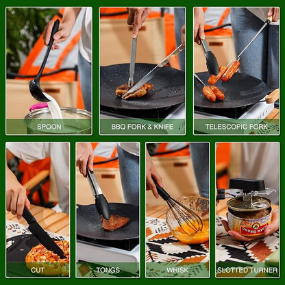 Camping Essentials Cookware Cooking Utensils Set - Portable Camp Kitchen Mess Kit Outdoor Accessories, Stainless Steel & Silicone, Camping Gear Equipment for RV Picnic Grill, Brown