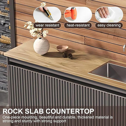 87IN Outdoor Kitchen Cabinet - Kitchen Cabinet with Countertop Includes Stripe Design & Mop Pool,Outdoor Table with Aluminum Alloy,Stainless Steel Sink and Slate Countertop,Hidden Handle