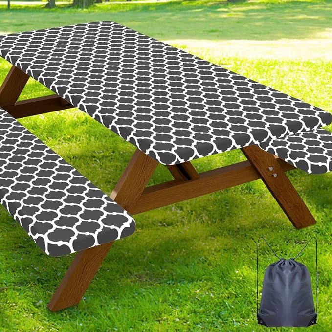 Smiry Picnic Table Cover with Bench Covers, Waterproof Elastic Fitted Tablecloth for 6 Foot Tables, Washable Polyester Tablecloths for Camping, Indoor & Outdoor (Dark Grey, 30x72 Inch 3-pc Set)