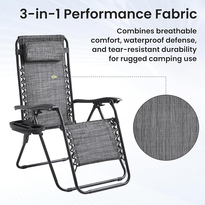 2-Pack Zero Gravity Lounge Chair Recliners - Adjustable Steel Frame with Removable Headrests & Cup/Phone/Tablet Trays - 330LBS Capacity - Gray