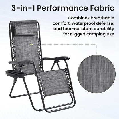 2-Pack Zero Gravity Lounge Chair Recliners - Adjustable Steel Frame with Removable Headrests & Cup/Phone/Tablet Trays - 330LBS Capacity - Light Gray