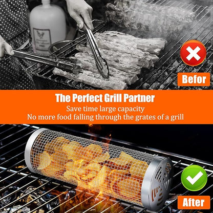 10-Piece BBQ Set: 2 Rolling Grill Baskets for Effortless Flipping, 304 Stainless Steel for Easy Clean, Sausage & Vegetables, Oil Bottle, Forks, Brushes, Outdoor Camping Grilling Accessories, Gifts for Men Dad Husband