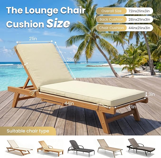 Chaise Lounge Cushions Outdoor Set of 2, Water-resistant and Fade-Resistant Patio Lounge Chair Cushions, Furniture Replacement Cushions Ideal for Pools, Gardens, Balconies, 72" x 21" x 3",Khaki Beige