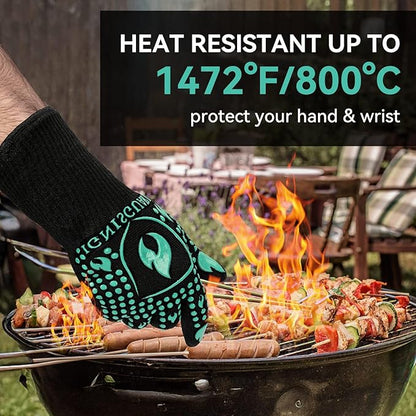 BBQ & Grill Gloves, Oven Gloves, 1472°F Silicone Oven Mitts Heat Resistant Grilling Gloves Fireproof Non-Slip for Barbecue Cooking Baking Smoking, 1-Pair (Green, Large)
