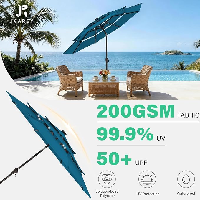 JEAREY 9 ft 3-Tier Outdoor LED Lighted Patio Umbrella w/Crank, Lake Blue | Solar Market Table Umbrella with 8 Sturdy Ribs, UV Protection Waterproof Sunproof for Garden, Deck and Backyard