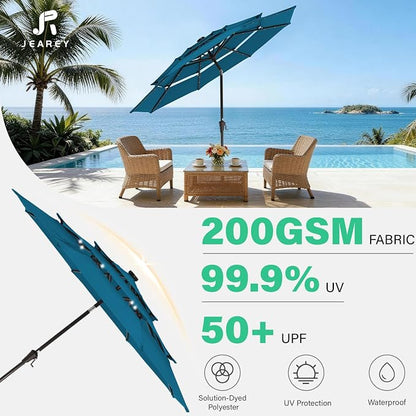 JEAREY 9 ft 3-Tier Outdoor LED Lighted Patio Umbrella w/Crank, Lake Blue | Solar Market Table Umbrella with 8 Sturdy Ribs, UV Protection Waterproof Sunproof for Garden, Deck and Backyard