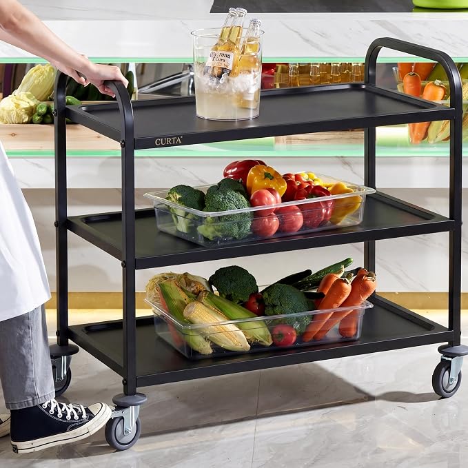 Black Stainless Steel Serving Cart, 3-Tier Rolling Utility Trolley (38"x20"x37"), Heavy Duty Painted Kitchen Cart on Wheels with Brakes, Commercial Grade for Restaurant, Hotel, Salon & Lab