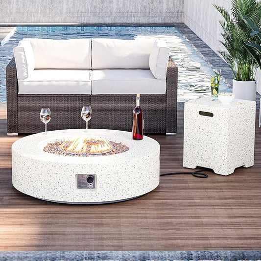 HOMPUS Outdoor Round Propane Fire Pit Table, 41''Fire Table 20lb Tank Cover Table, 50000 BTU Fire Pit w Free Waterproof Cover & Fire Stone for Patio, Garden, Colorful Terrazzo