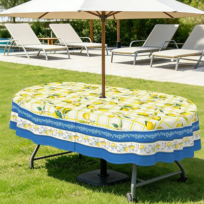 Outdoor Tablecloth with Umbrella Hole Elegant Zipper Patio Table Cloth for Outdoor Patio Garden Yard Decor