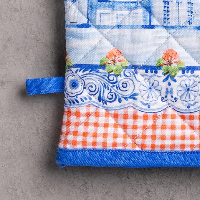 Maison d' Hermine 100% Cotton Oven Mitt & Pot Holder Set (7.5"x13" & 8"x8") Heat Resistant BBQ Cooking Gloves with Loop Baking Grilling Kitchen Hotel Home Farmhouse Spring Summer (Amsterdam Canals)