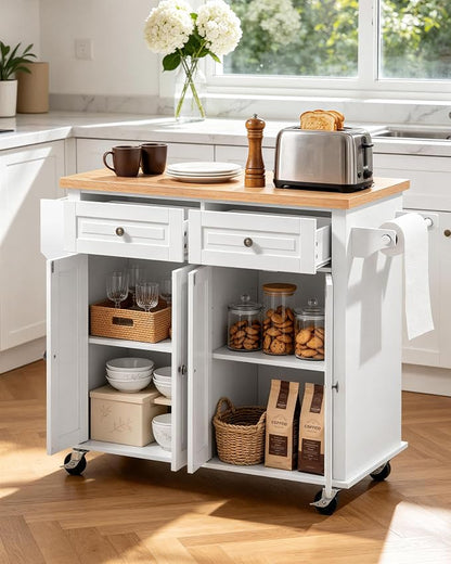 VEVOR Kitchen Island Cart with Storage, 43.7 in Wide Mobile Rolling Storage Island on Swivel Wheels, with 2 Drawers, Storage Cabinet, Spice/Towel Rack, Hooks, Table for Home Dining Room, White | Home Dining Use, Spice Towel Rack With Hooks, Cabinet She...