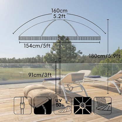 Seazul 5.2ft Patio Umbrella with Fringe, Beach Umbrella, Fringe Umbrella Outdoor Patio, Tilting Steel Pole, UV 50+, Fiberglass Ribs, Elegant Cream