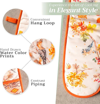 Maison d' Hermine Double Oven Mitt (7" x 35") 100% Cotton Heat Resistant BBQ Cooking Gloves with Loop for Thanksgiving Christmas Decorations Baking Cooking Barbeque Handling Hot Pan (Kelim - Prairie)