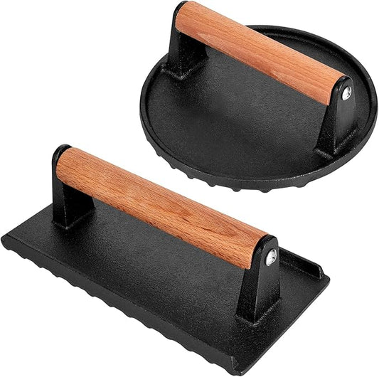 Blackstone Burger Press Set - 7" Round Smash Burger Press & 8"x4" Rectangle Cast Iron Grill Press with Wooden Handle - Smasher is Perfect for Blackstone Griddle, Pitboss Weber Griddle Grills