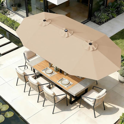 AreShark 13 FT Patio Umbrella with Solar Lights, Double-Sided Outdoor Table Umbrellas with Crank, Large Rectangular Market Umbrella for Porch, Lawn, Pool, Backyard, Beige